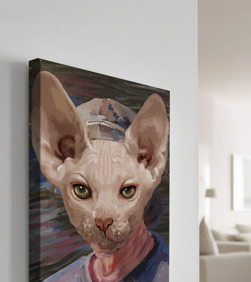 Painted portrait of a sphynx cat wearing a casual cap
