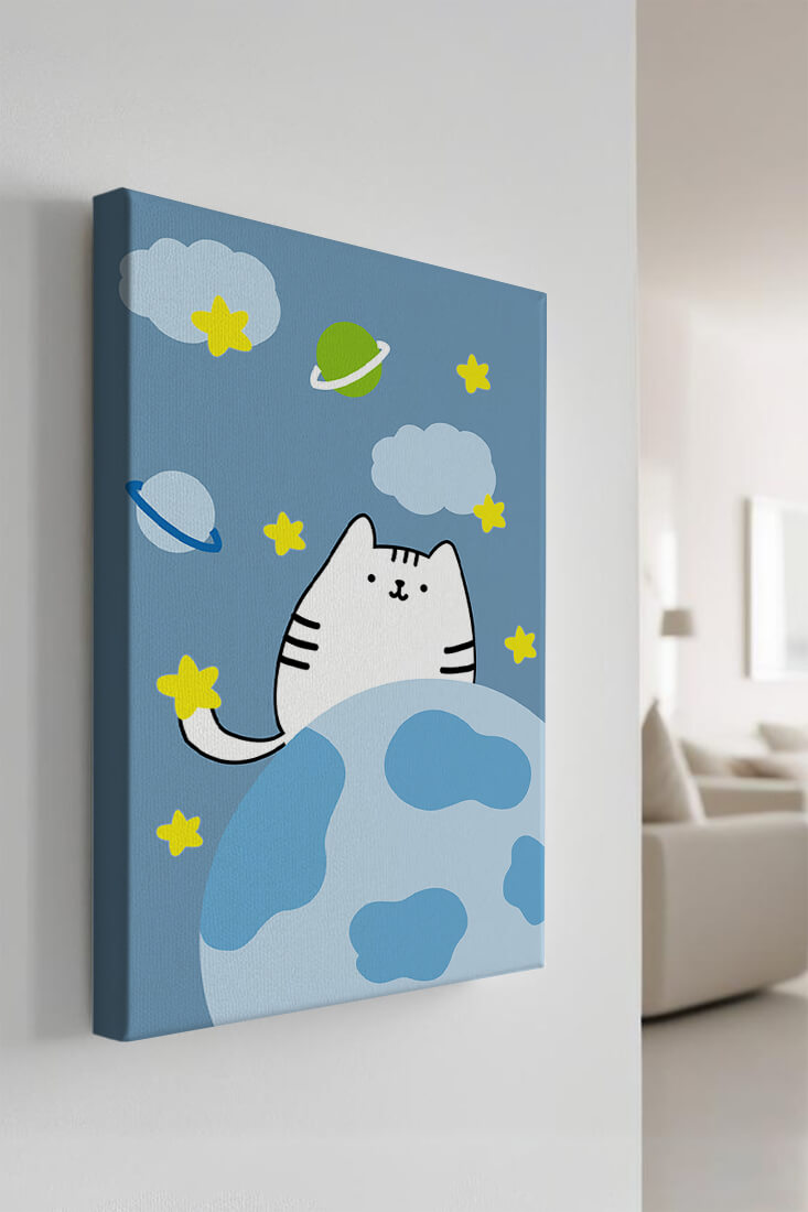 Ilustración encantadora de un gatito en una escena espacial caprichosa con nubes y estrellas
