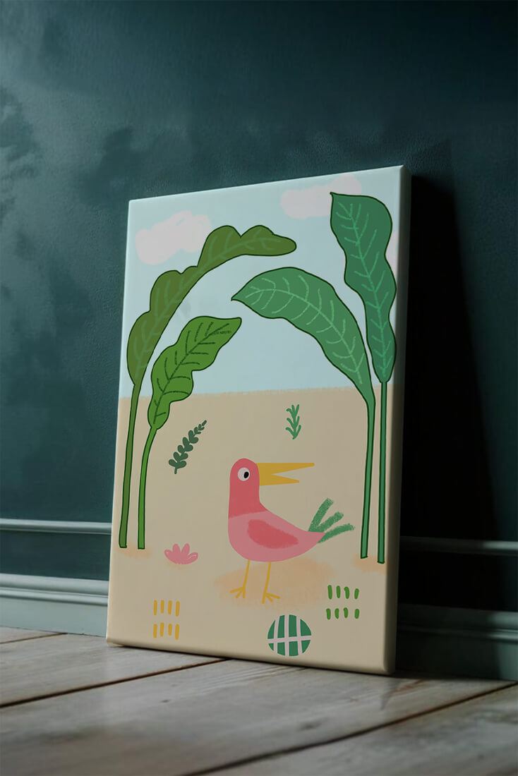 Colorful bird with large leaves and playful design