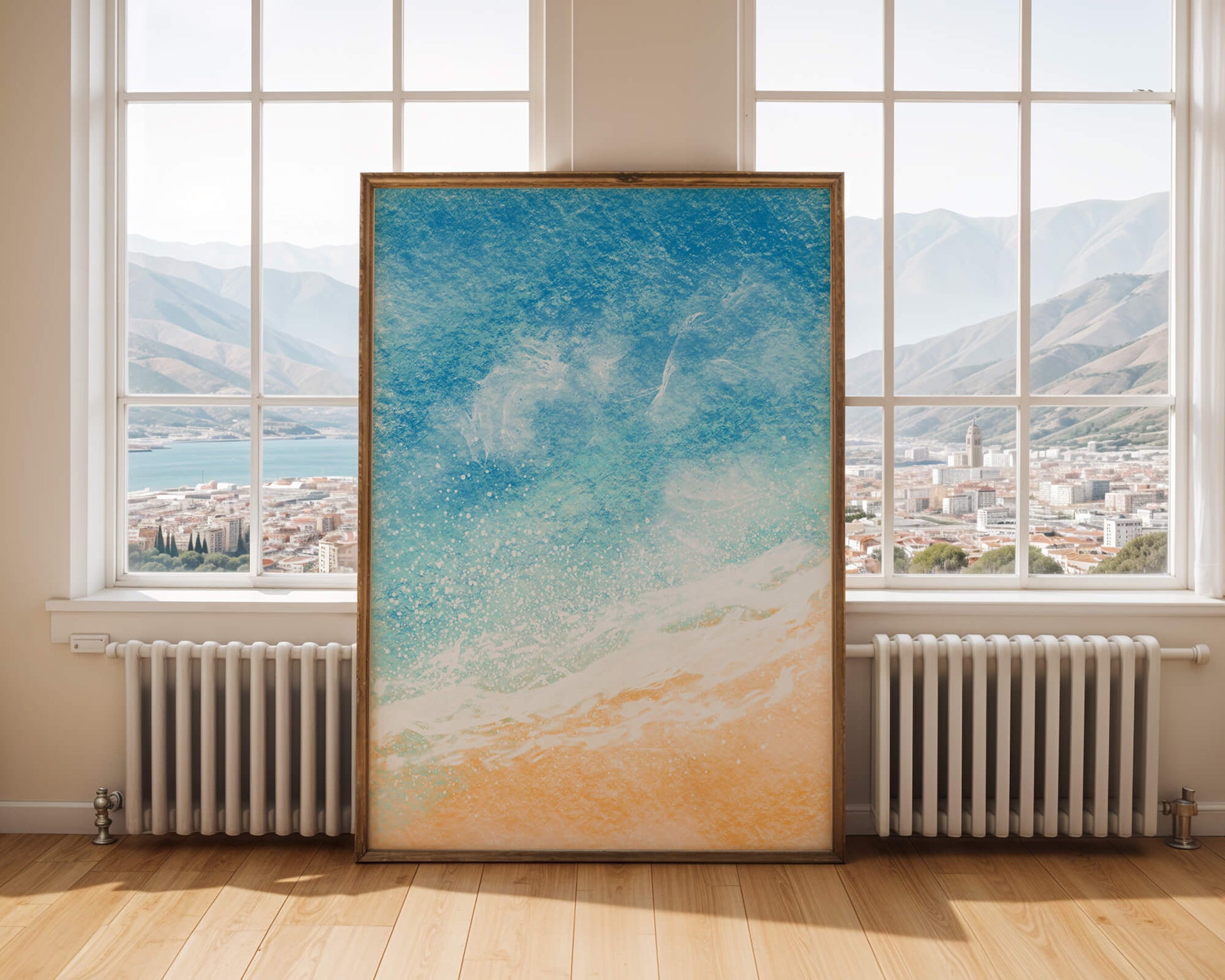 Abstract Ocean Waves with Blue and Sand Tones