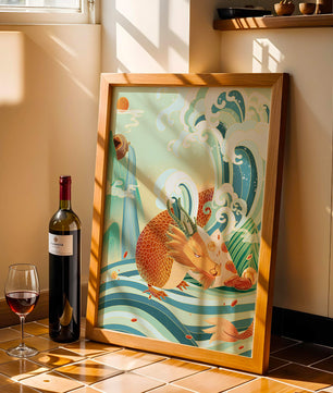 Dragon mythique au milieu de vagues stylisées et de montagnes aux couleurs vives