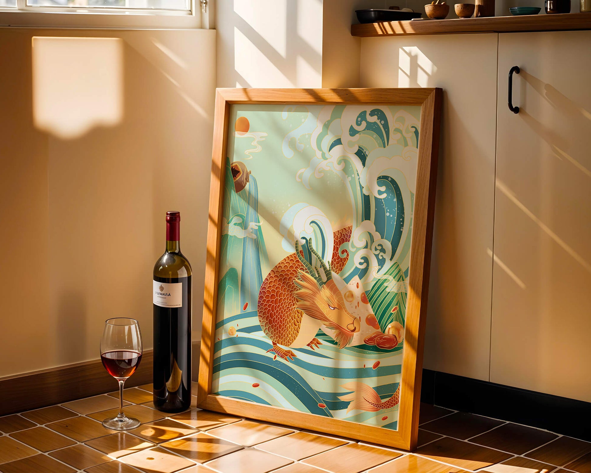 Mythical dragon amidst stylized waves and mountains in vibrant colors
