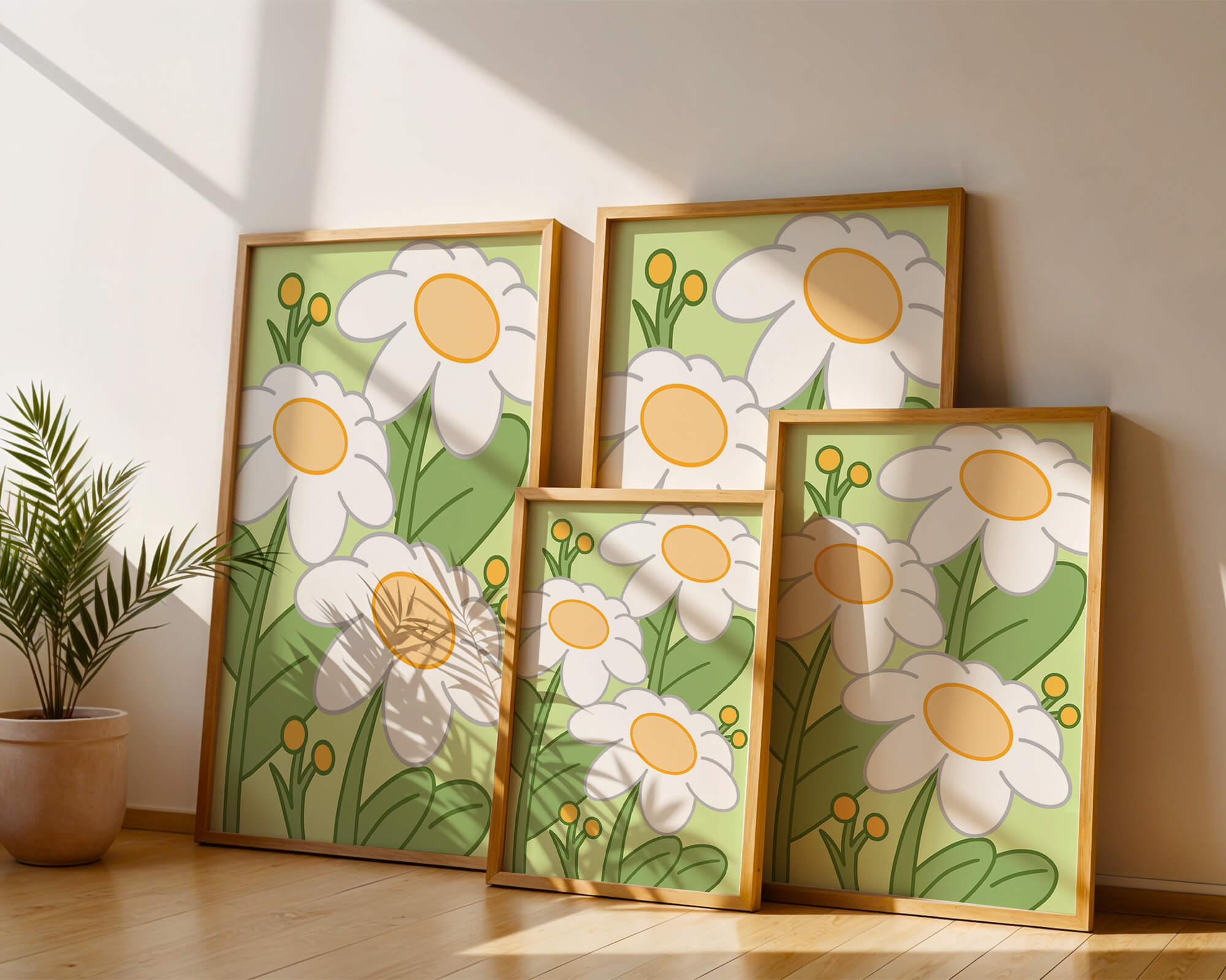 Charming illustrated daisies on a green background
