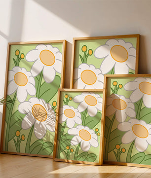 Charming illustrated daisies on a green background
