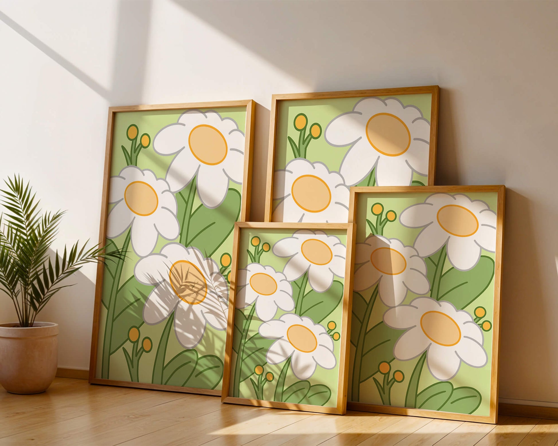 Charming illustrated daisies on a green background