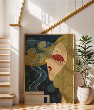 Stylized portrait of a woman with flowing hair and steaming coffee