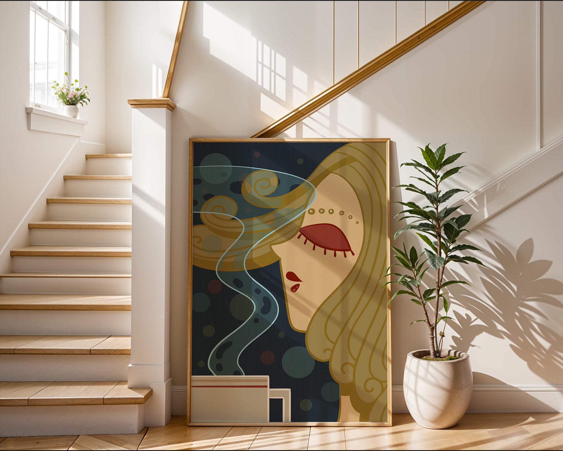 Stylized portrait of a woman with flowing hair and steaming coffee