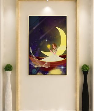 Enchanted night scene with a fairy on a crescent moon