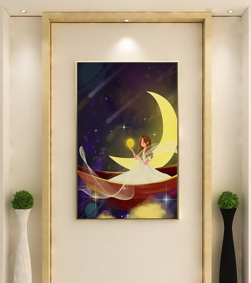 Enchanted night scene with a fairy on a crescent moon