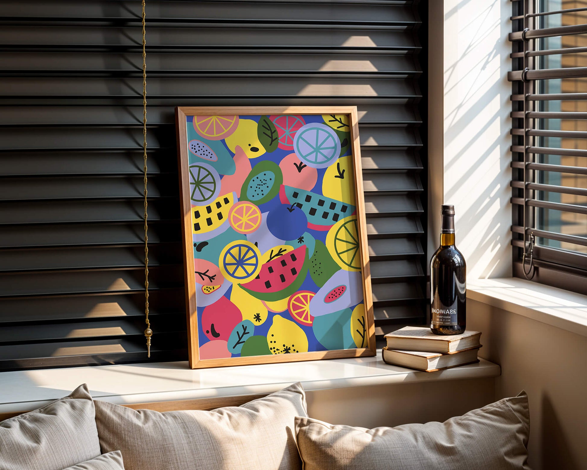 Patrón abstracto de frutas vibrantes con cítricos y melones sobre fondo azul