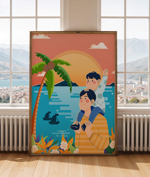 Un père et son fils profitent d’un coucher de soleil tropical avec des palmiers et des bateaux.