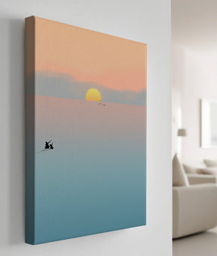 Serene Sunset with Silhouettes and Birds over a Calm Sea