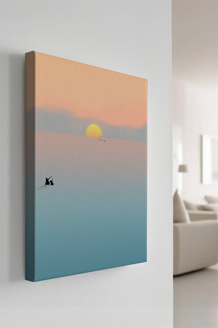 Serene Sunset with Silhouettes and Birds over a Calm Sea