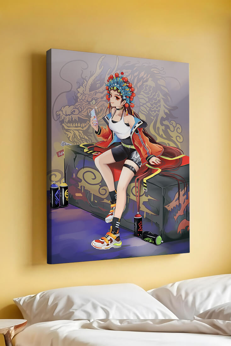 Anime art of a girl in traditional attire with urban elements