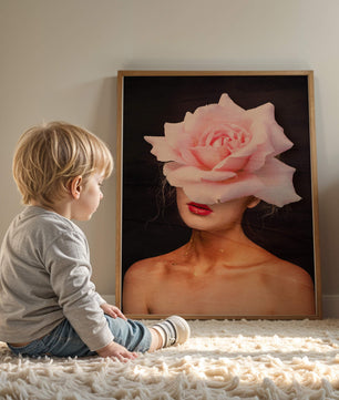 Woman with a Rose Head and Red Lips on a Dark Background - Mi tienda