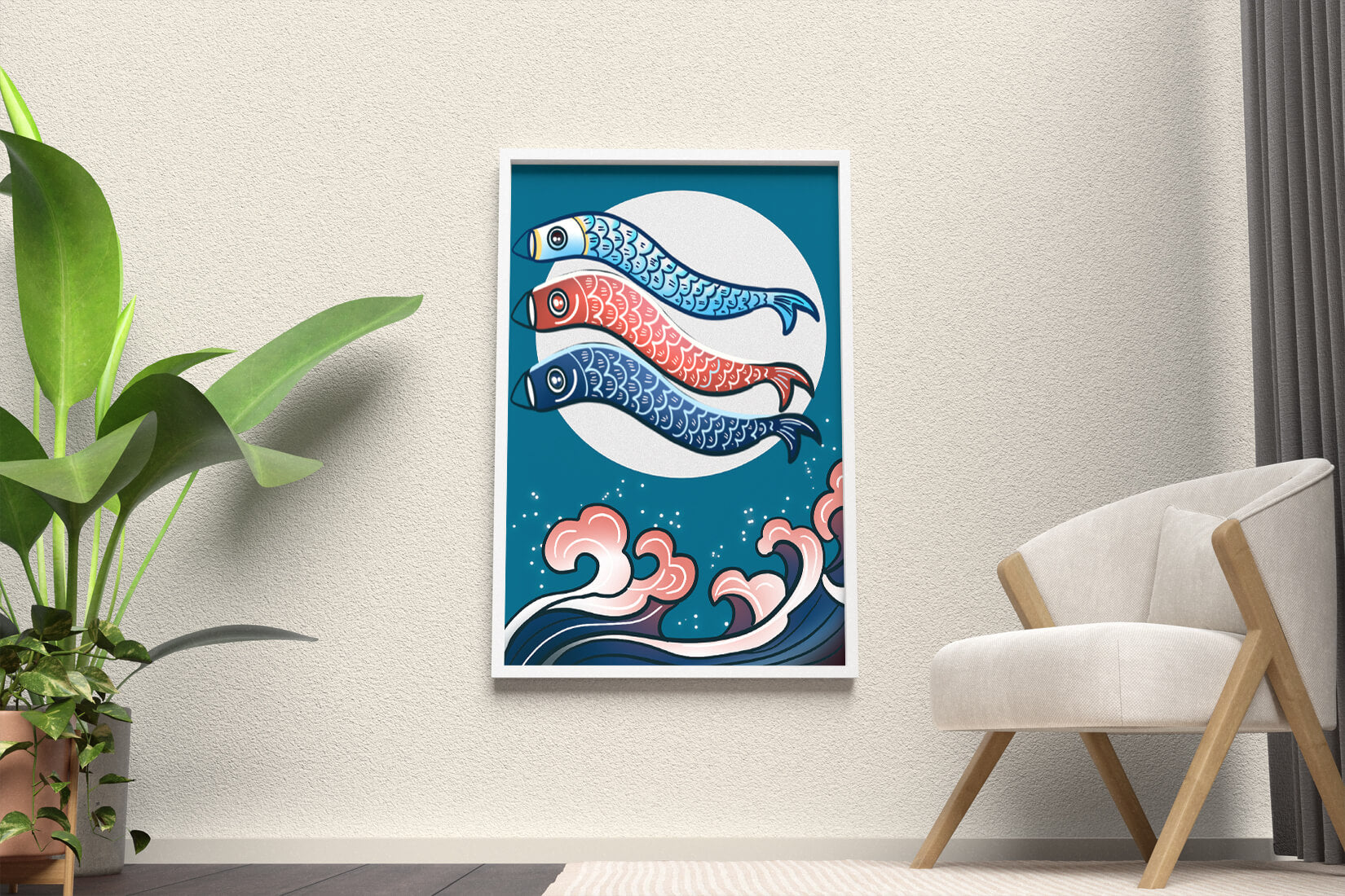 Colorful koi fish kites against a full moon with ocean waves