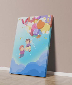 Ilustración caprichosa de niños en el cielo con globos de colores