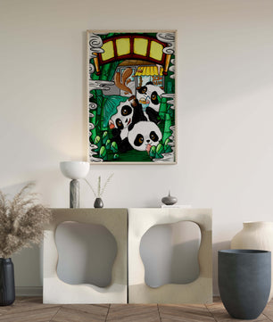 Ilustración de pandas encantadores disfrutando de helado bajo un puente de bambú