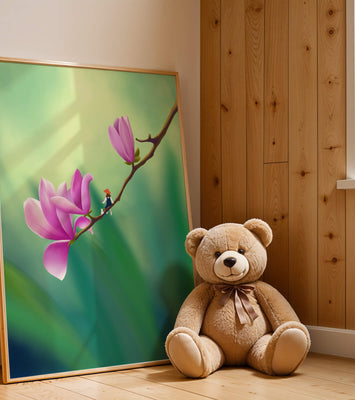 Serene illustration of magnolia flowers with a small figure in a hat