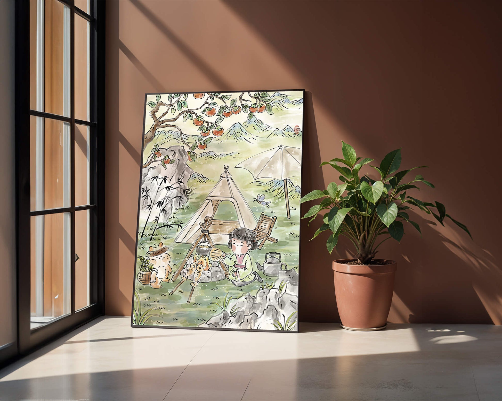 Escena encantadora de camping con un niño y un gato bajo un árbol de caqui