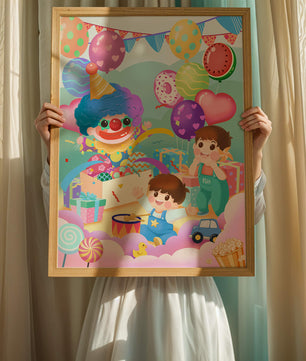 Colorful clown-themed children's party with balloons and toys