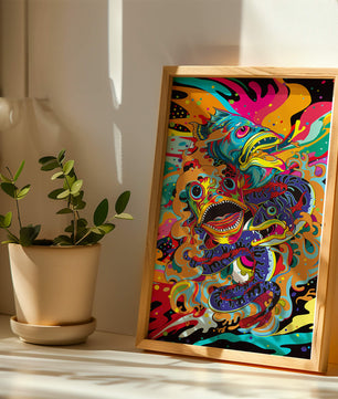 Arte abstracto de peces coloridos con elementos vibrantes