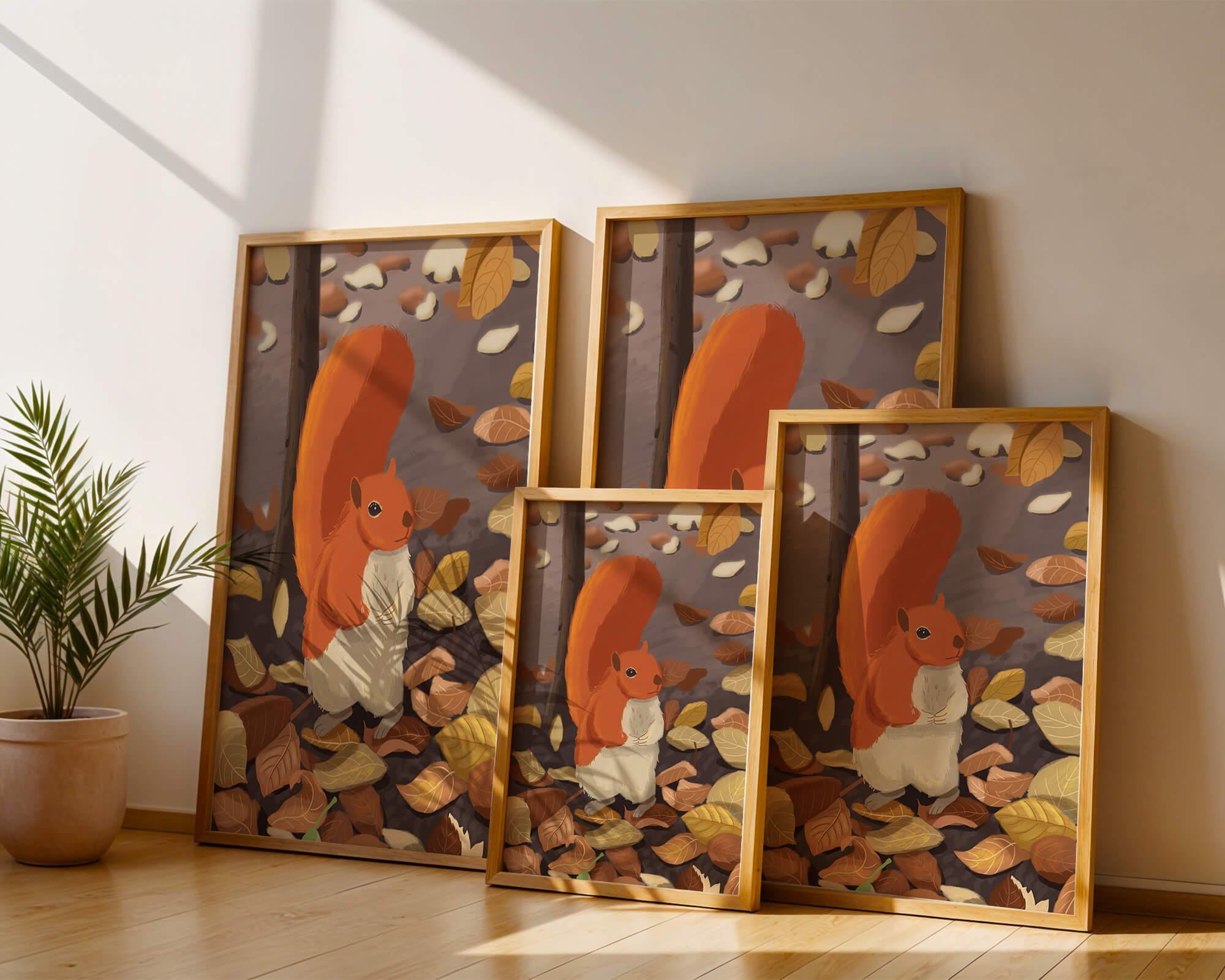 Illustration of a cute squirrel among autumn leaves