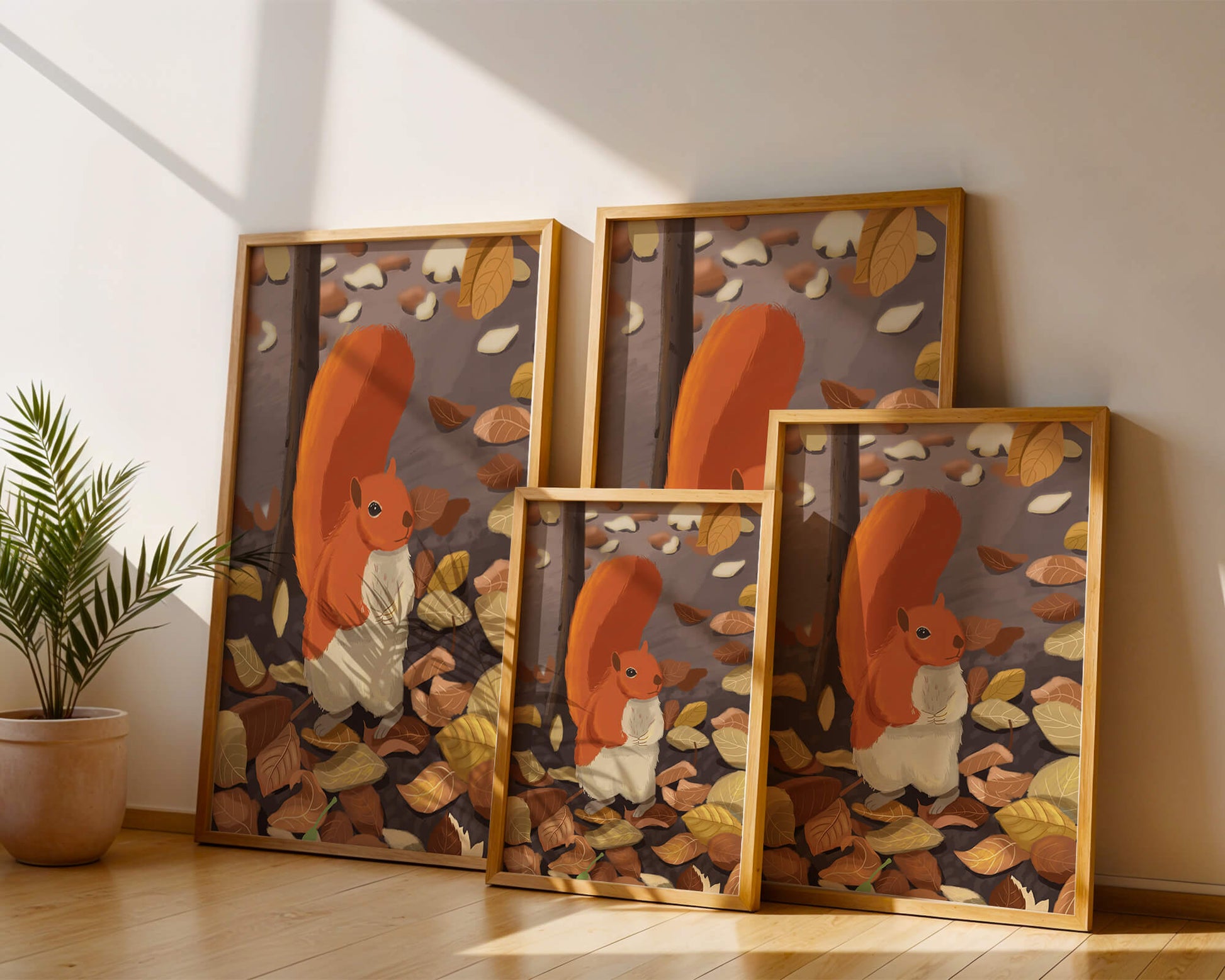 Illustration of a cute squirrel among autumn leaves