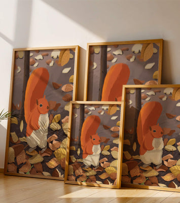 Illustration of a cute squirrel among autumn leaves