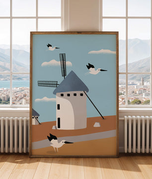 Windmill Landscape with Birds in a Minimalist Style
