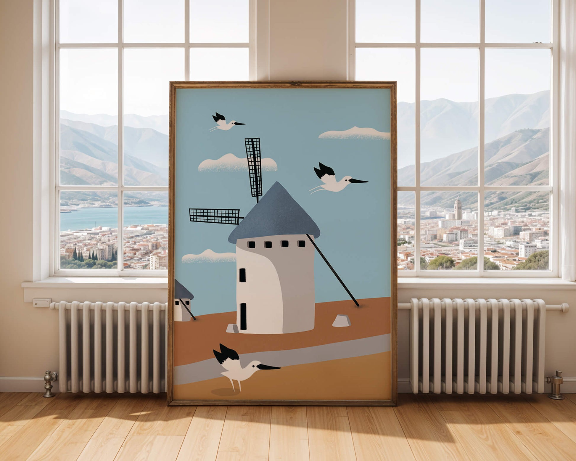 Paisaje de molino de viento con pájaros en estilo minimalista