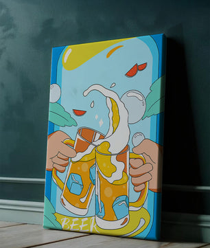 Colorful Illustration of Two Clinking Beer Mugs with Ice Cubes and Citrus Slices