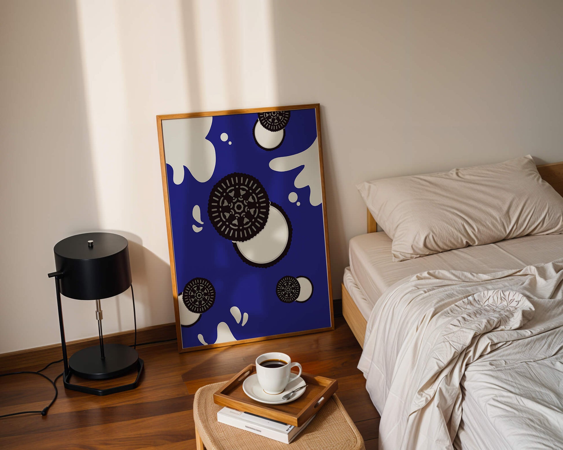 Graphic design featuring cookies and milk splashes on blue background