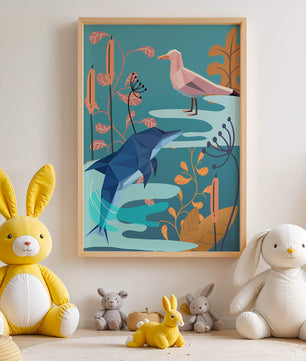 Geometric Dolphin and Seagull with Floral Elements in Abstract Nature