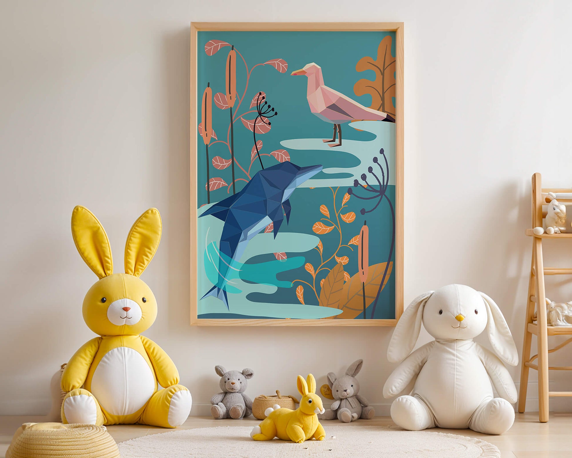 Geometric Dolphin and Seagull with Floral Elements in Abstract Nature