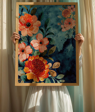 Vibrant floral watercolor design with orange blossoms and blue background