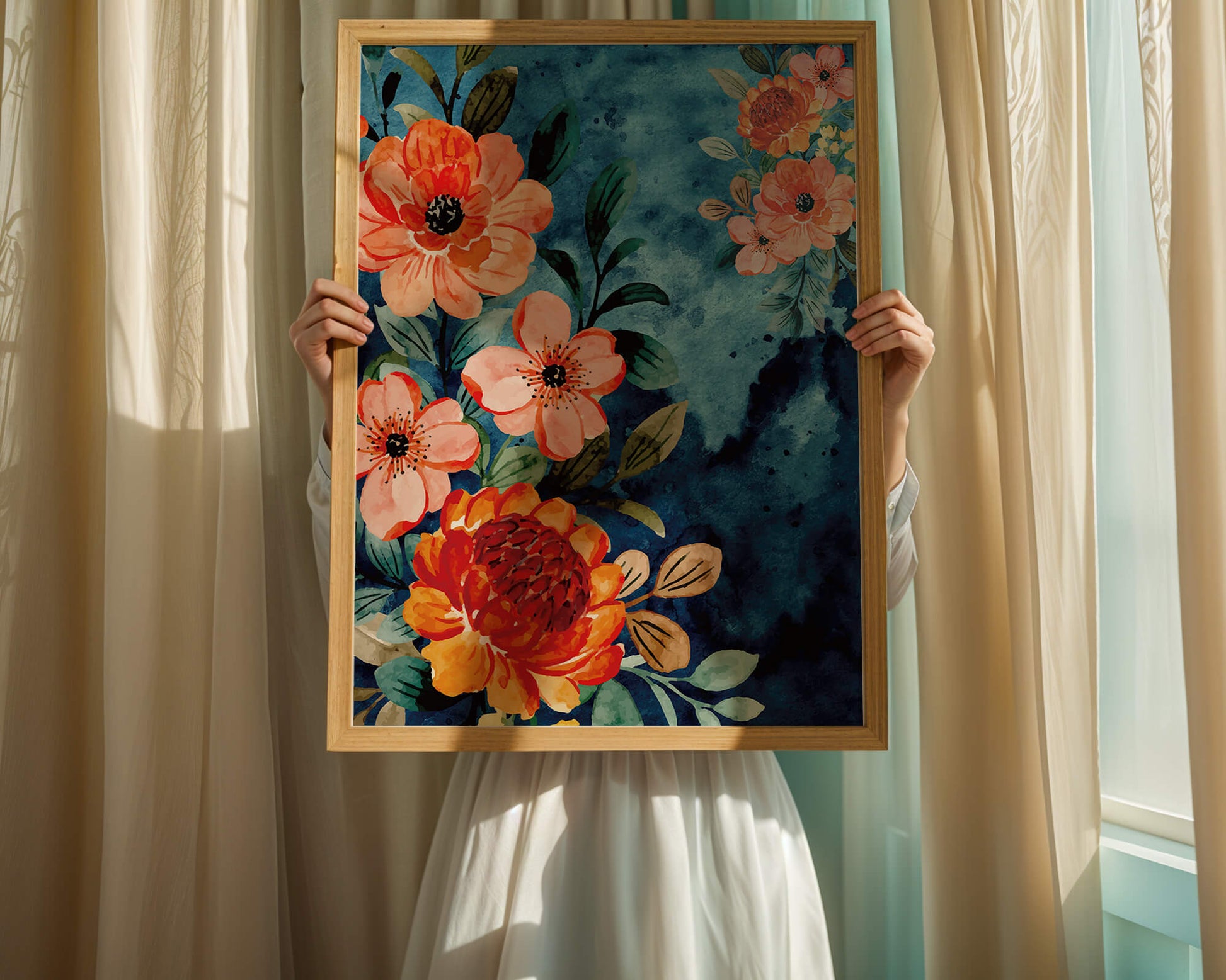 Vibrant floral watercolor design with orange blossoms and blue background