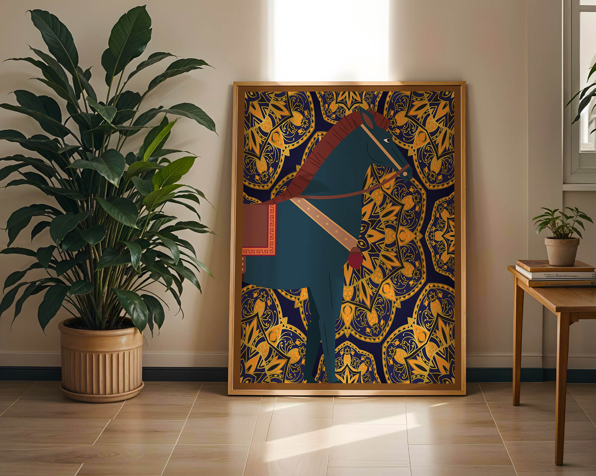 Stylized horse illustration on intricate golden pattern background