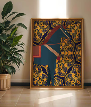 Stilisierte Pferdeillustration auf kompliziertem goldenem Musterhintergrund