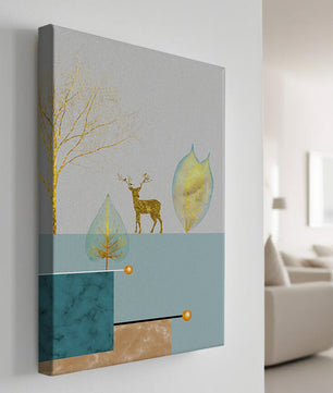 Abstrakte Komposition mit goldenem Hirsch und Blättern auf strukturiertem Hintergrund