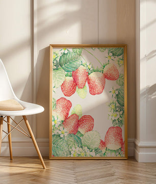 Ilustración de fresas y flores con hojas verdes exuberantes