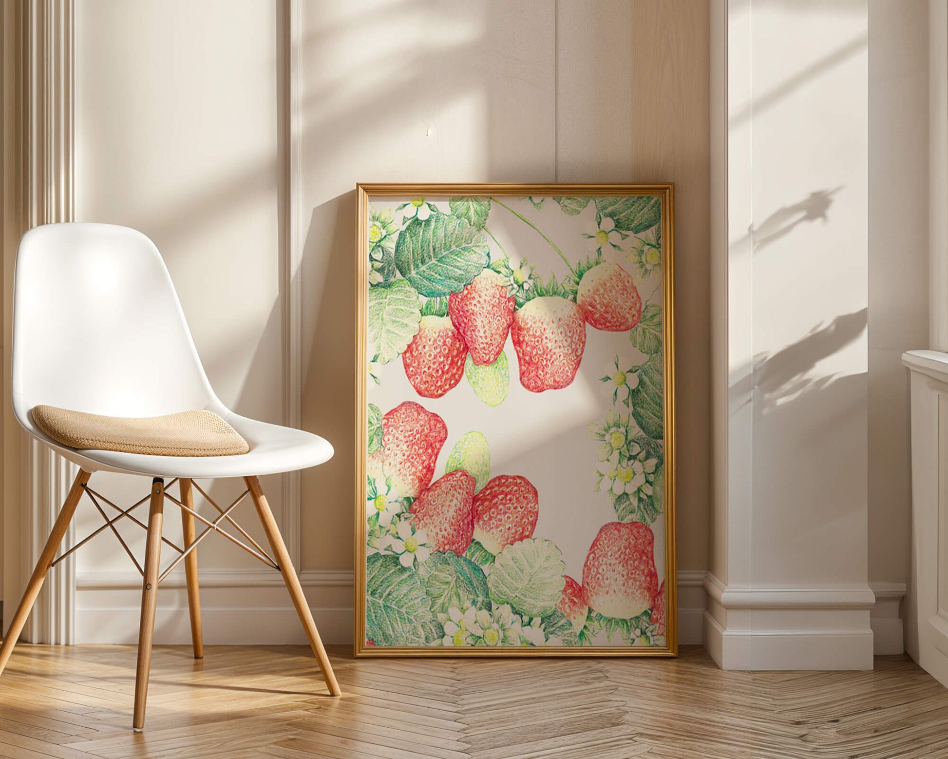 Illustration of strawberries and flowers with lush green leaves