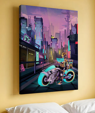 Paisaje urbano futurista cyberpunk con rascacielos iluminados con neón y motociclista