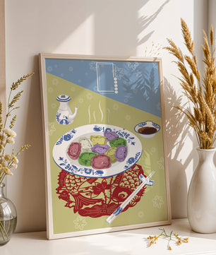 Colorful dumplings and tea set on decorative mat