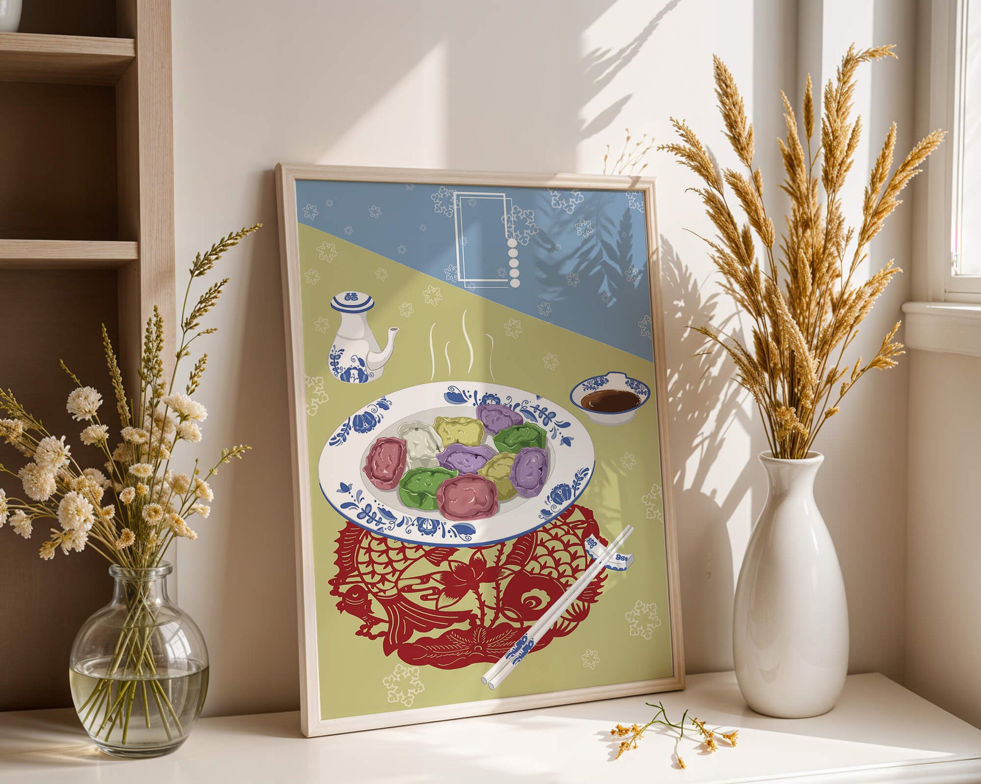 Colorful dumplings and tea set on decorative mat