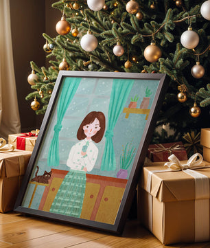 Charming Illustration of Woman and Cat in Cozy Living Room