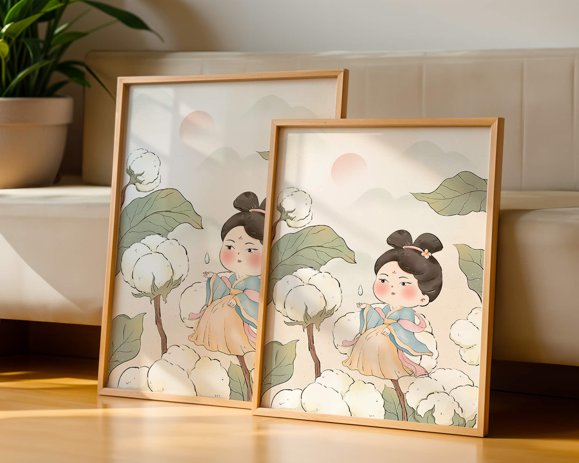 Elegant illustration of a young girl in traditional attire amid cotton plants