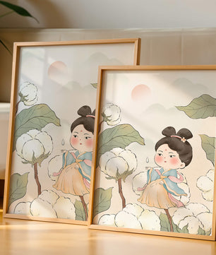 Illustration élégante d'une jeune fille en tenue traditionnelle au milieu de plants de coton