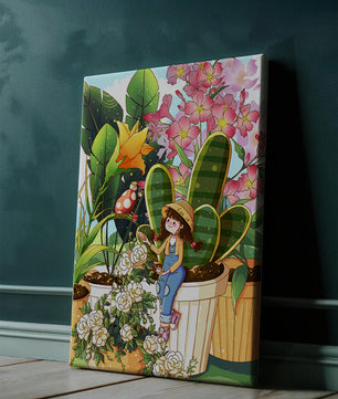 Charmante scène de jardin avec une jeune fille et des fleurs éclatantes
