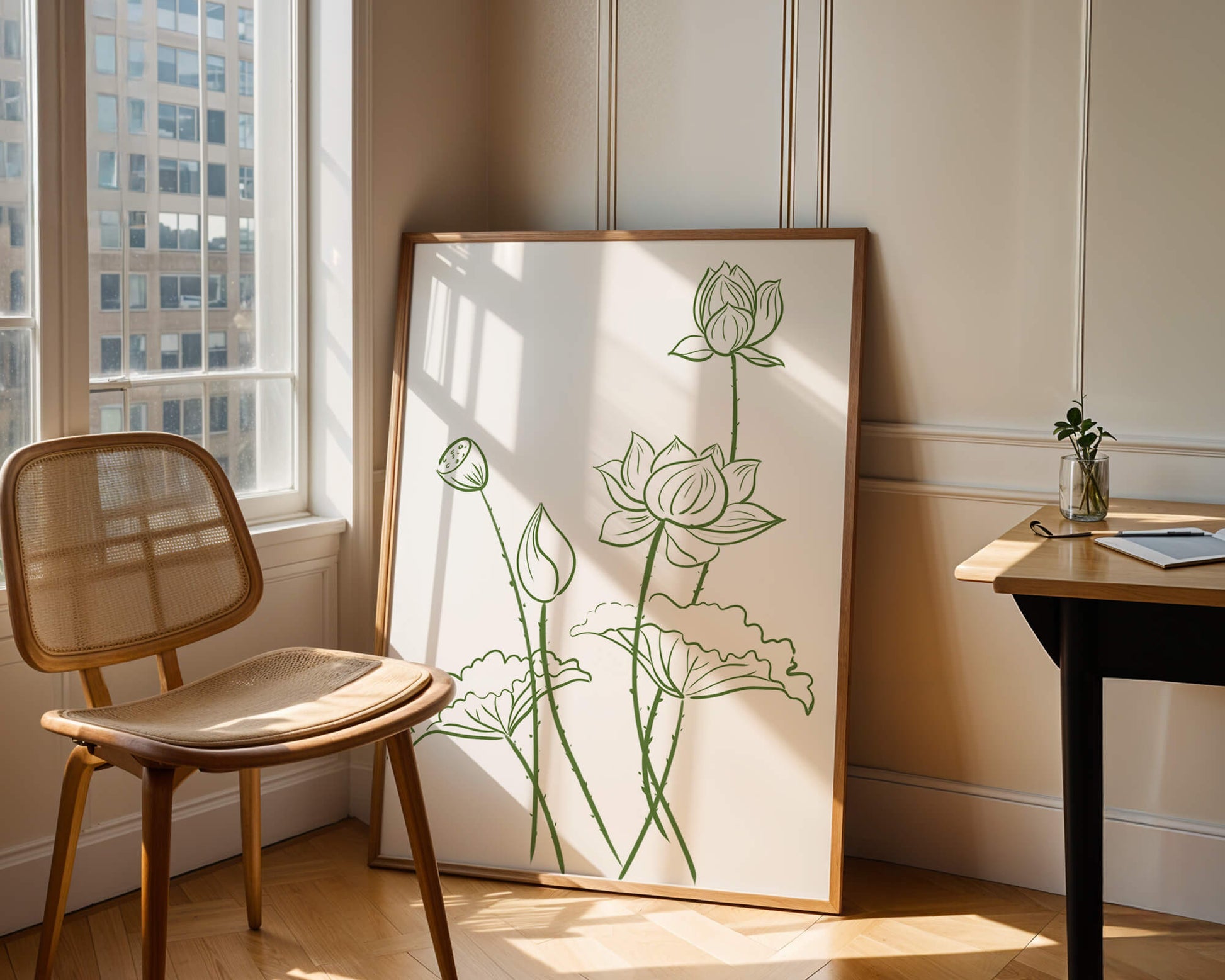 Ilustración de arte lineal verde de flores de loto con capullos